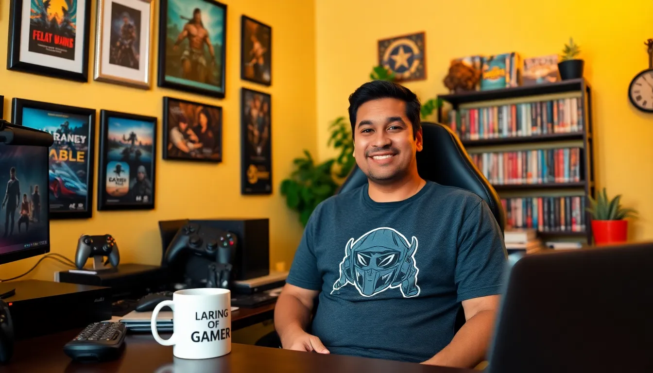Larry Nando in his gaming office, engaging with his audience on a gaming stream.