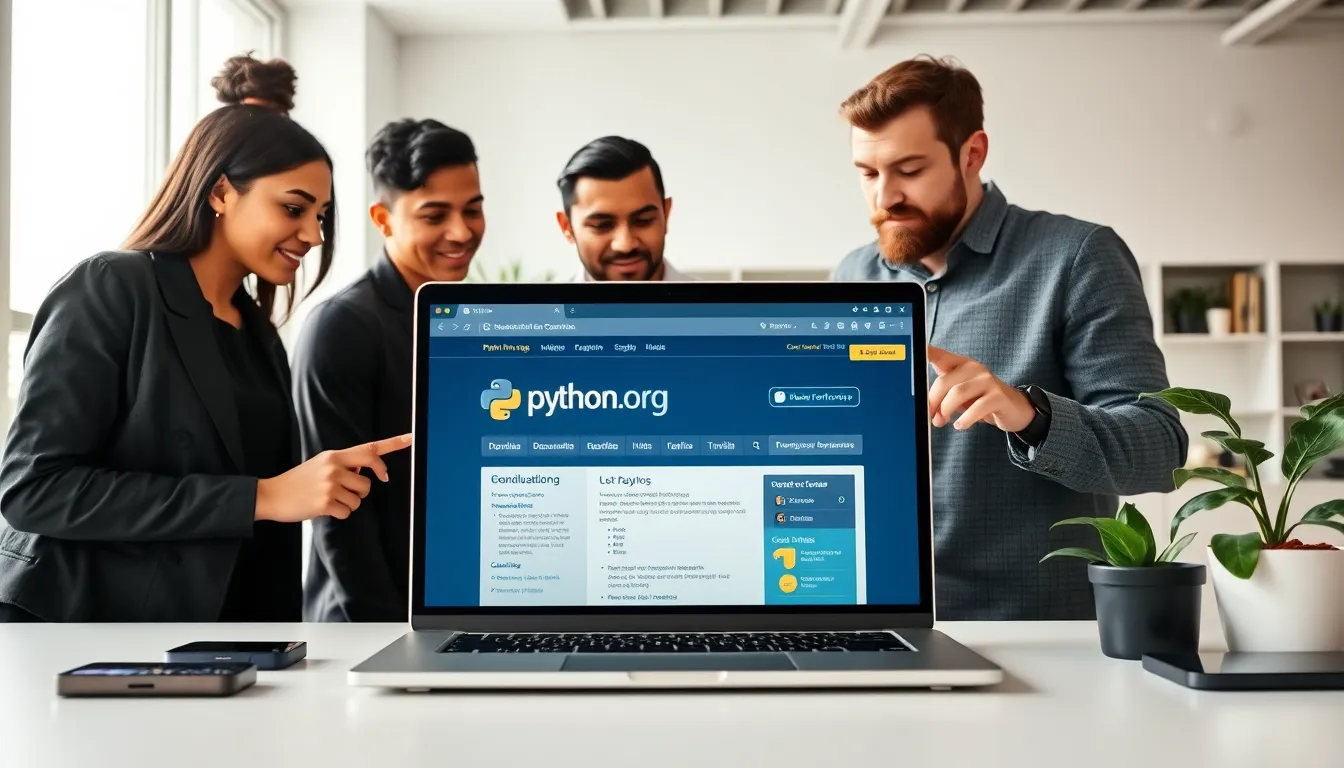 professionals collaborating over the Python.org website in a modern office.