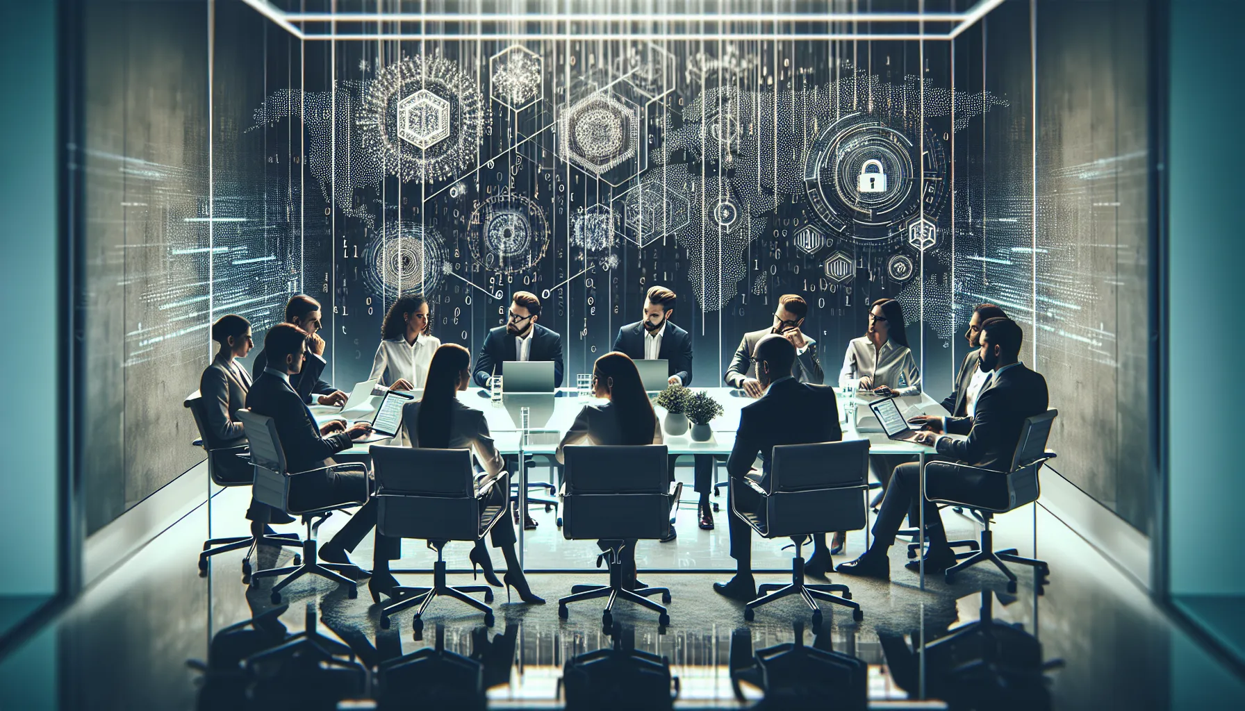 diverse professionals collaborating on cybersecurity innovations in a modern office.