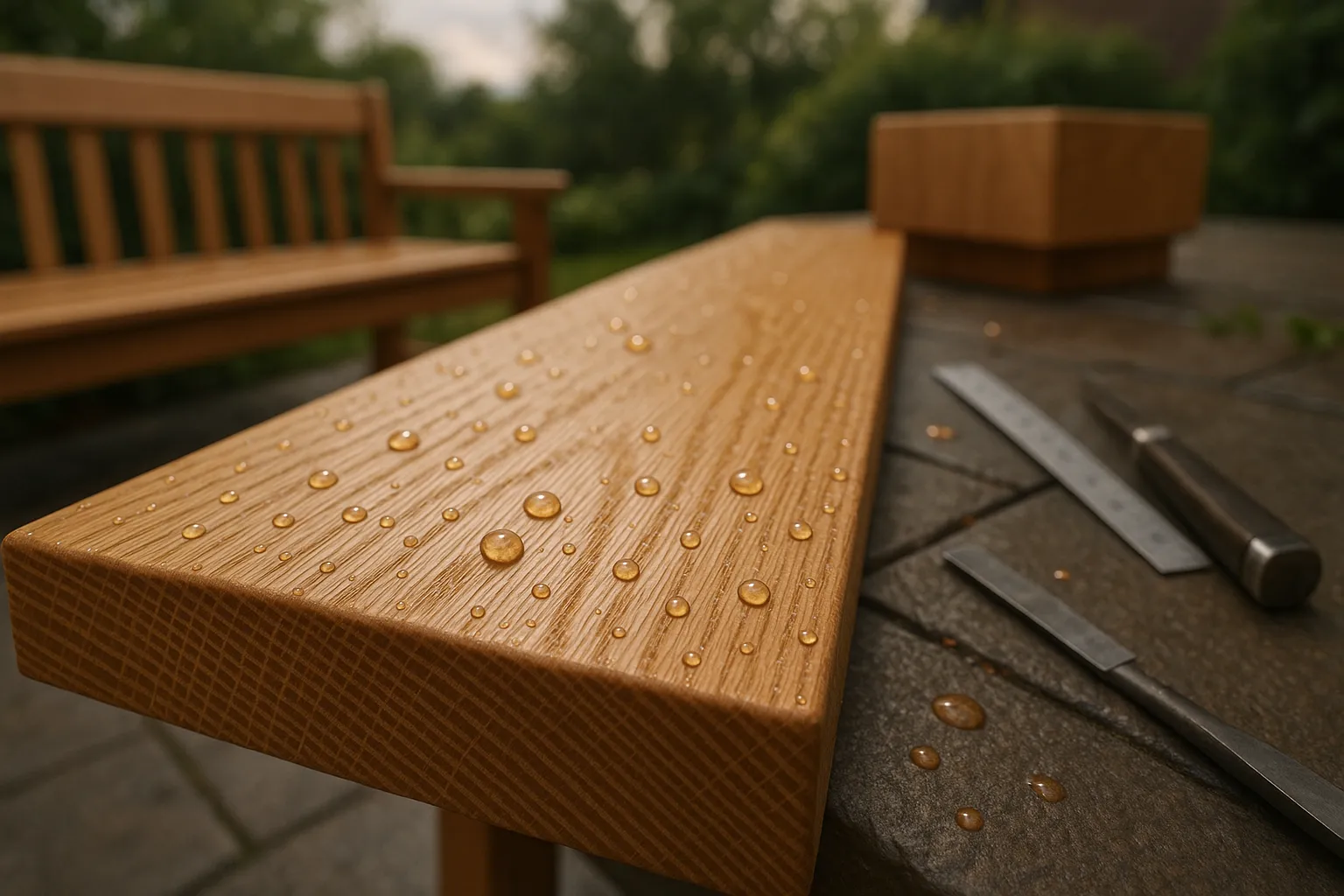 close-up of quartersawn white oak plank with visible ray-fleck and water beads