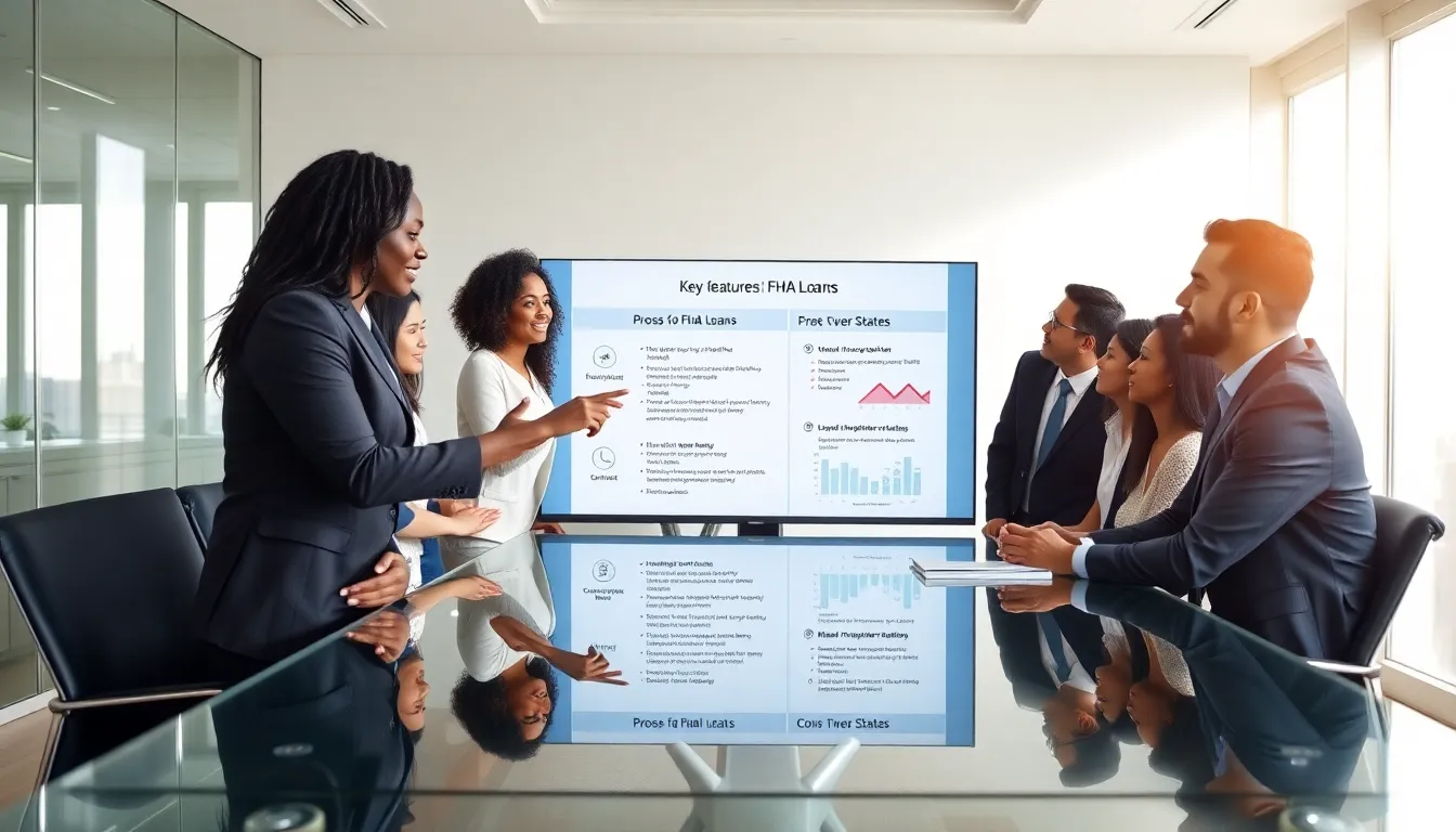 diverse team discussing FHA loans in a modern office.