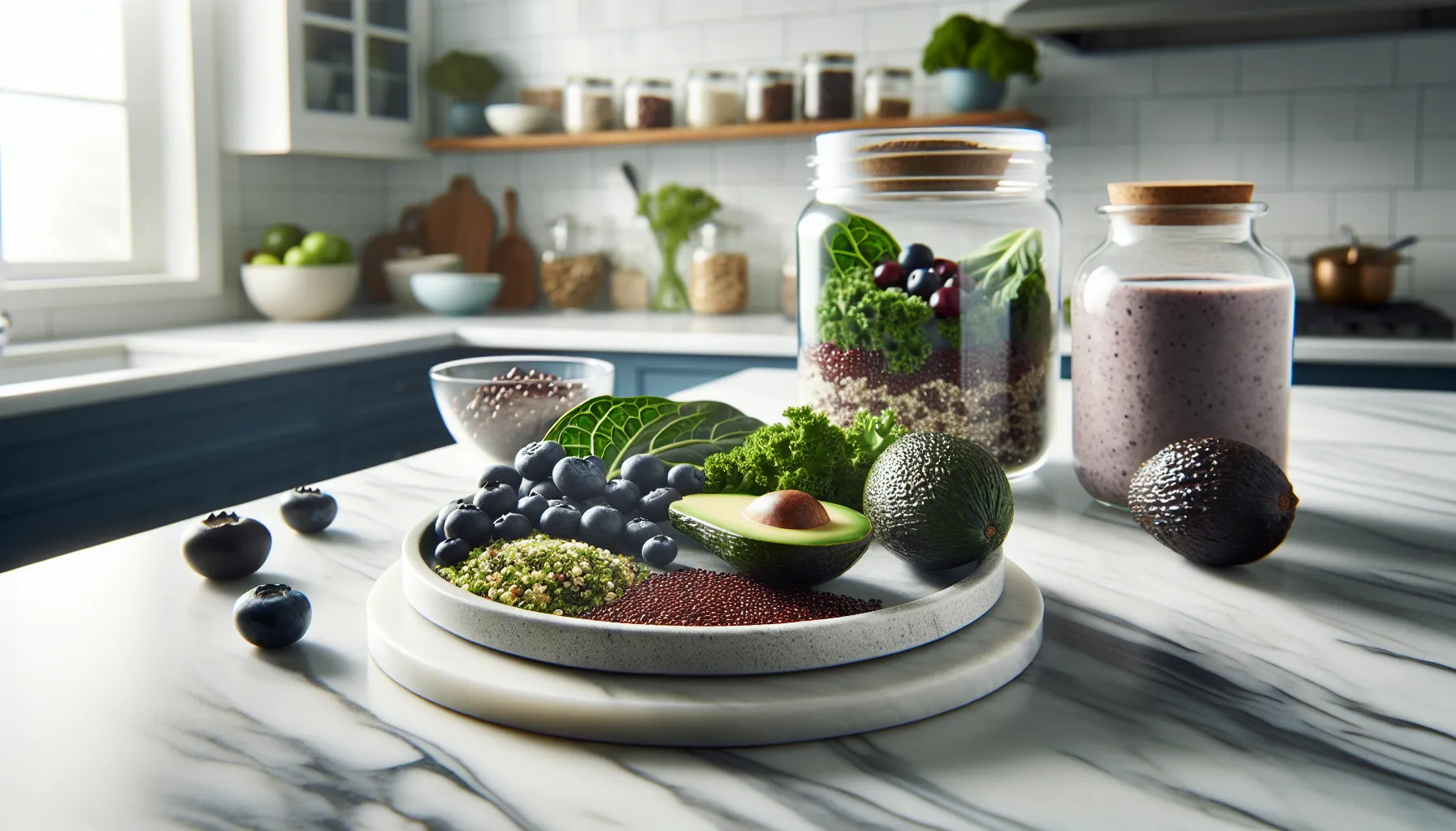 array of colorful superfoods on a modern kitchen countertop.