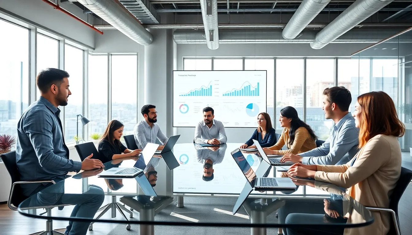 diverse team brainstorming in a modern fintech office setting.