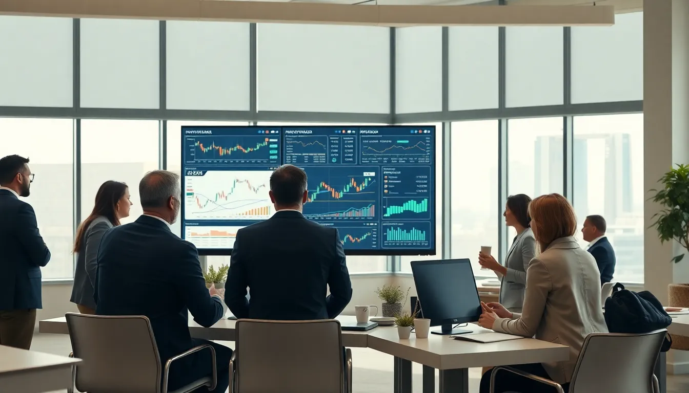 professionals analyzing cryptocurrency data in a modern office.