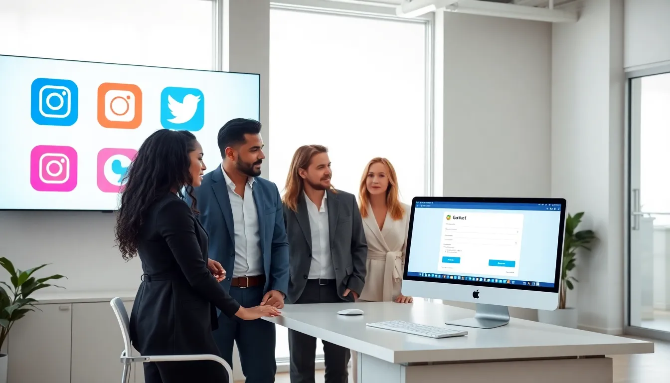 diverse team collaborating in a modern office with contact form and social media icons.