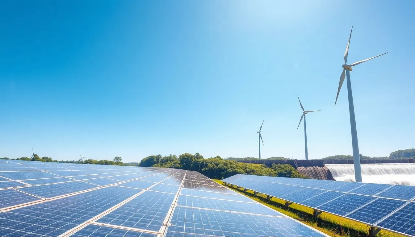 solar panels and wind turbines in an outdoor renewable energy landscape.