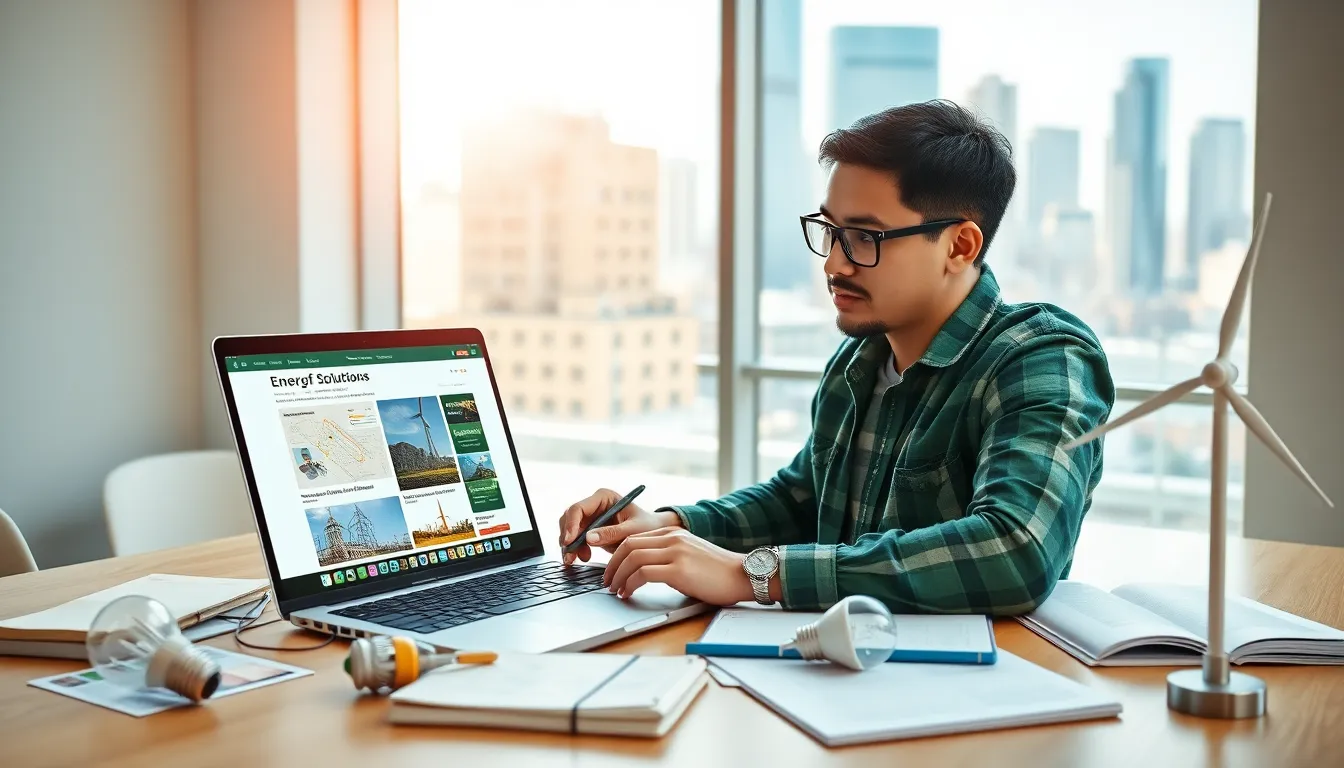 an engineer studying renewable energy solutions on a laptop at a desk.