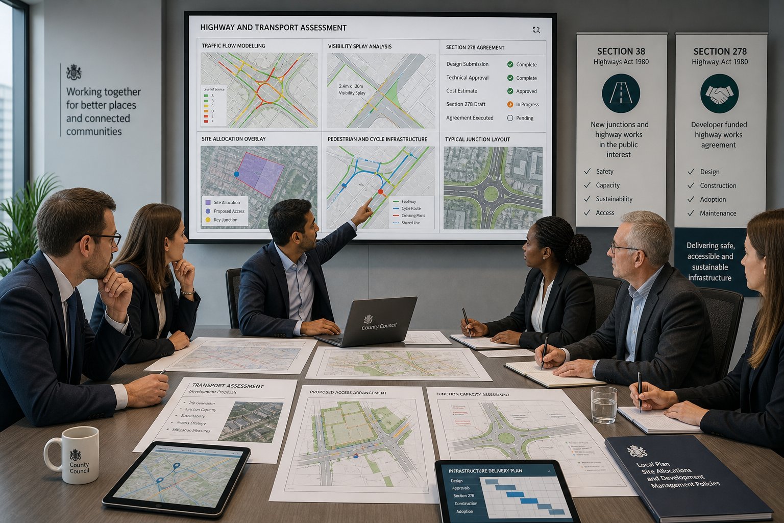 UK planners and highway engineers reviewing transport plans in a modern office.