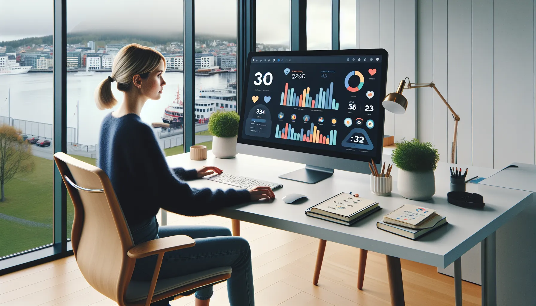 Norwegian marketer analyzing a gamified seo dashboard with rising engagement metrics.