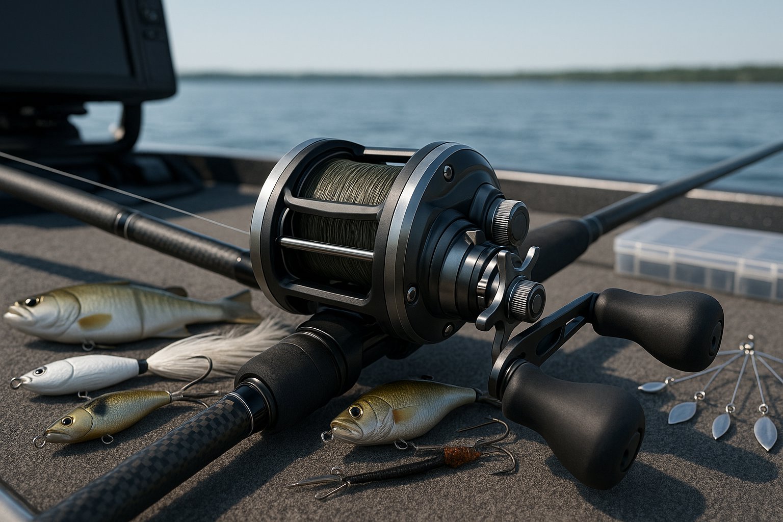 Heavy-duty fishing reel with large lures on a boat deck.