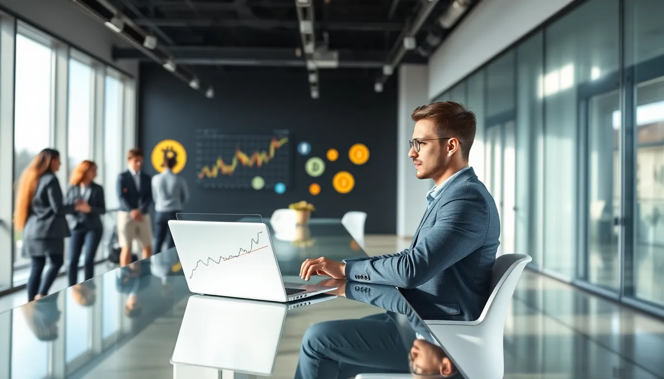 professional engaging in cryptocurrency trading at a modern office workspace.