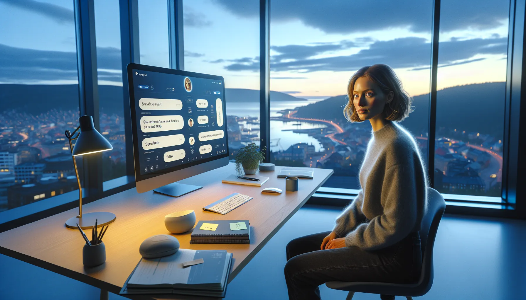 Norwegian ux designer refining a human-centered chatbot interface in a modern office.