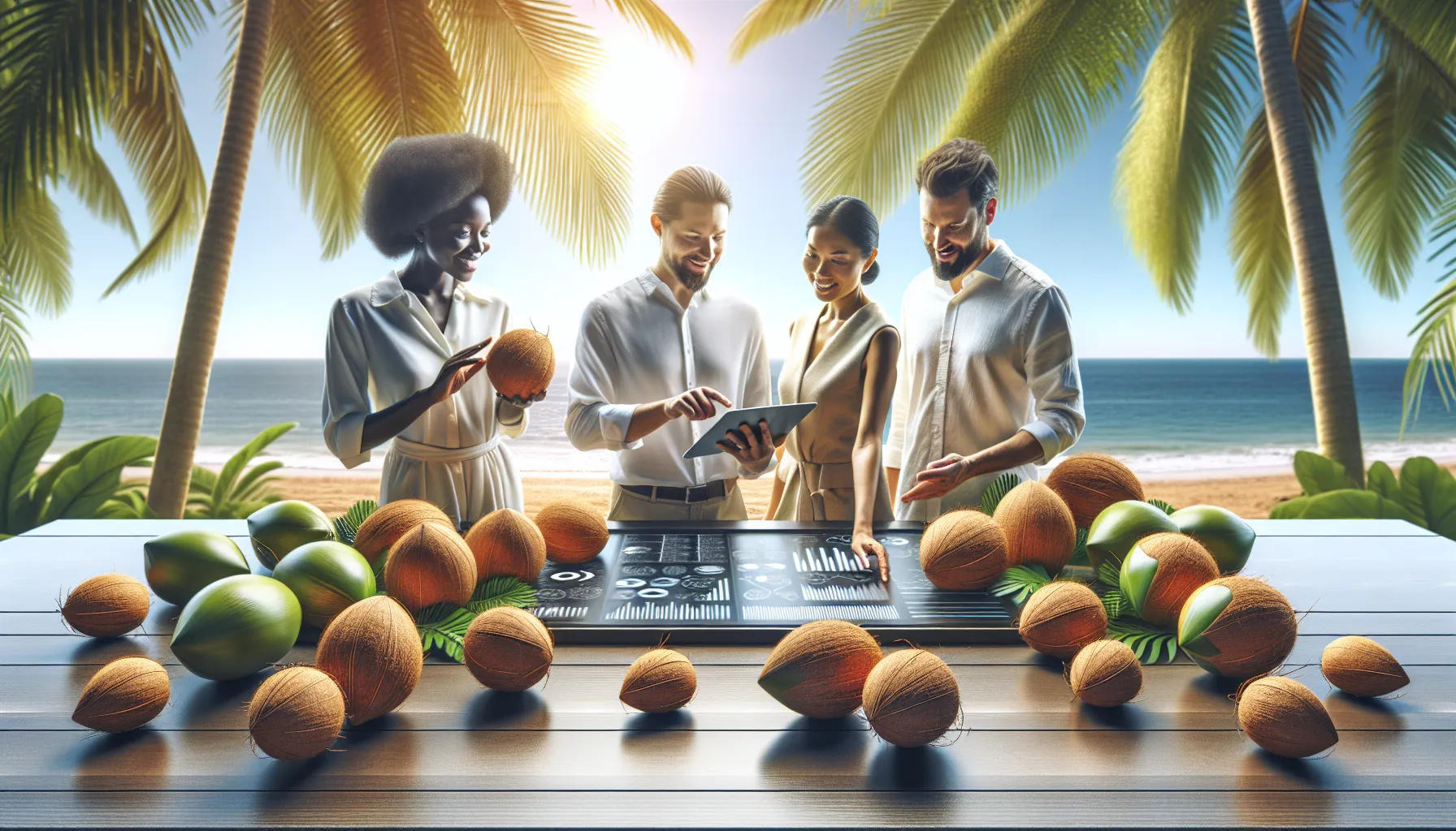 Diverse team discussing Barnaby cocos in a bright beachside setting.