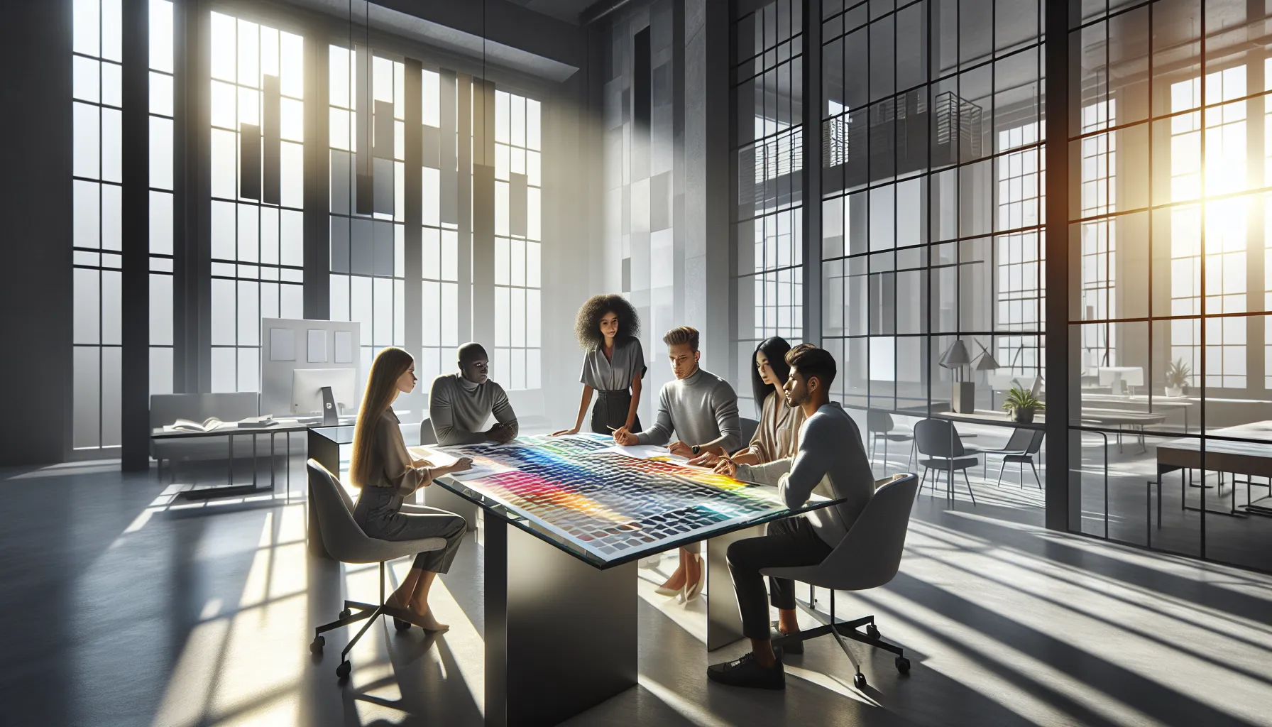 diverse design team collaborating with gray and colorful design elements.