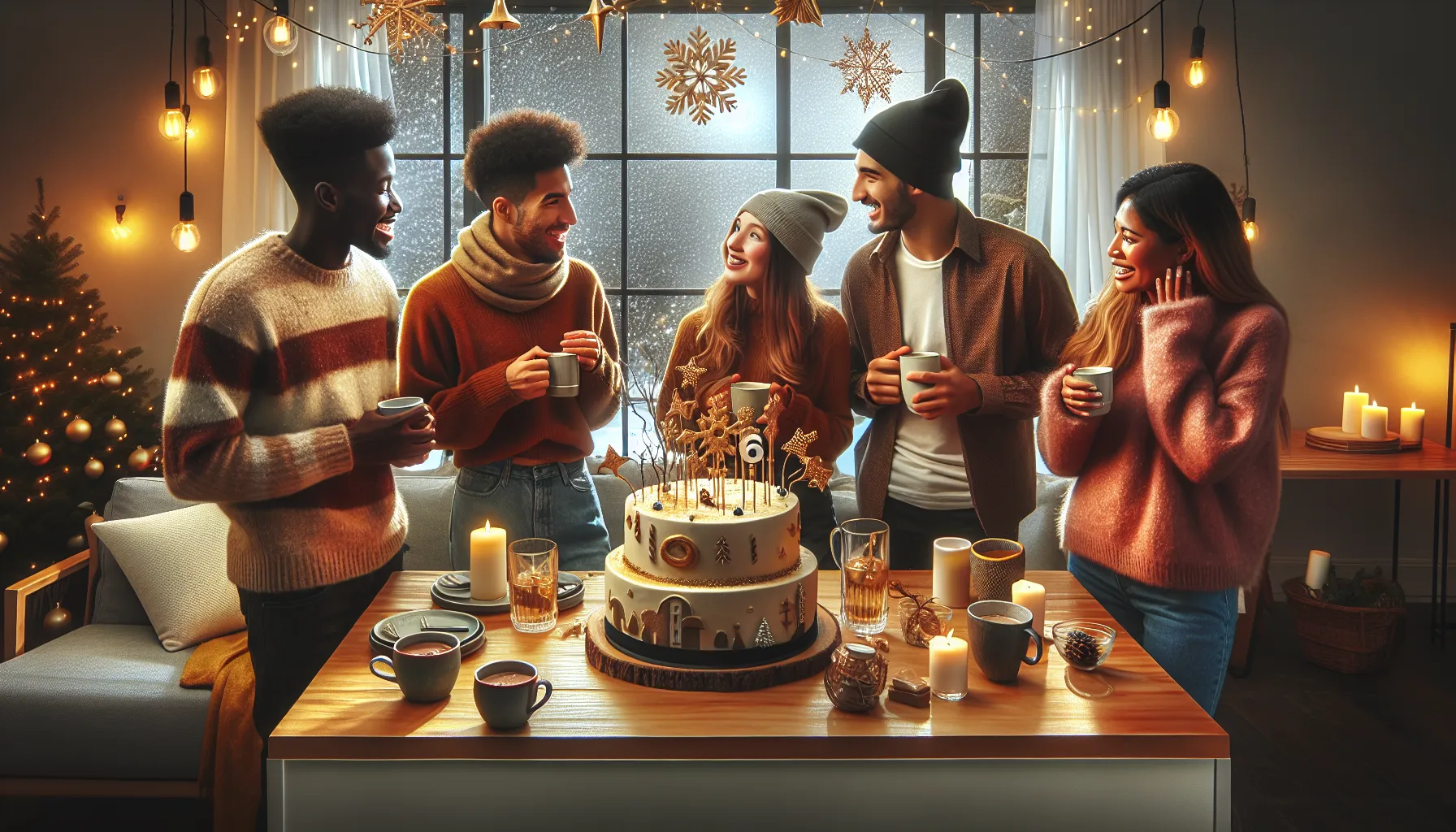 group celebrating a birthday in a cozy, winter-themed setting.