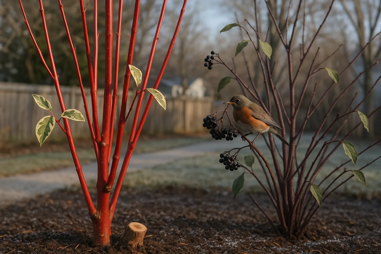Two dogwood shrubs showing bright red Alba stems and darker Sanguinea stems with berries.