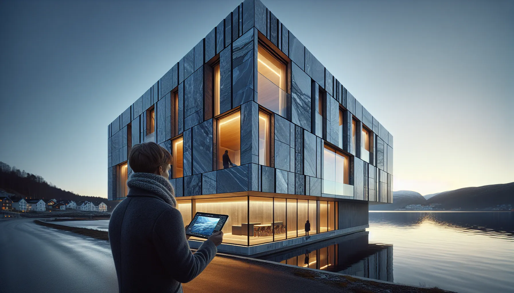 Architect reviews precision-cut stone facade with parametric model by oslo’s waterfront at dusk.