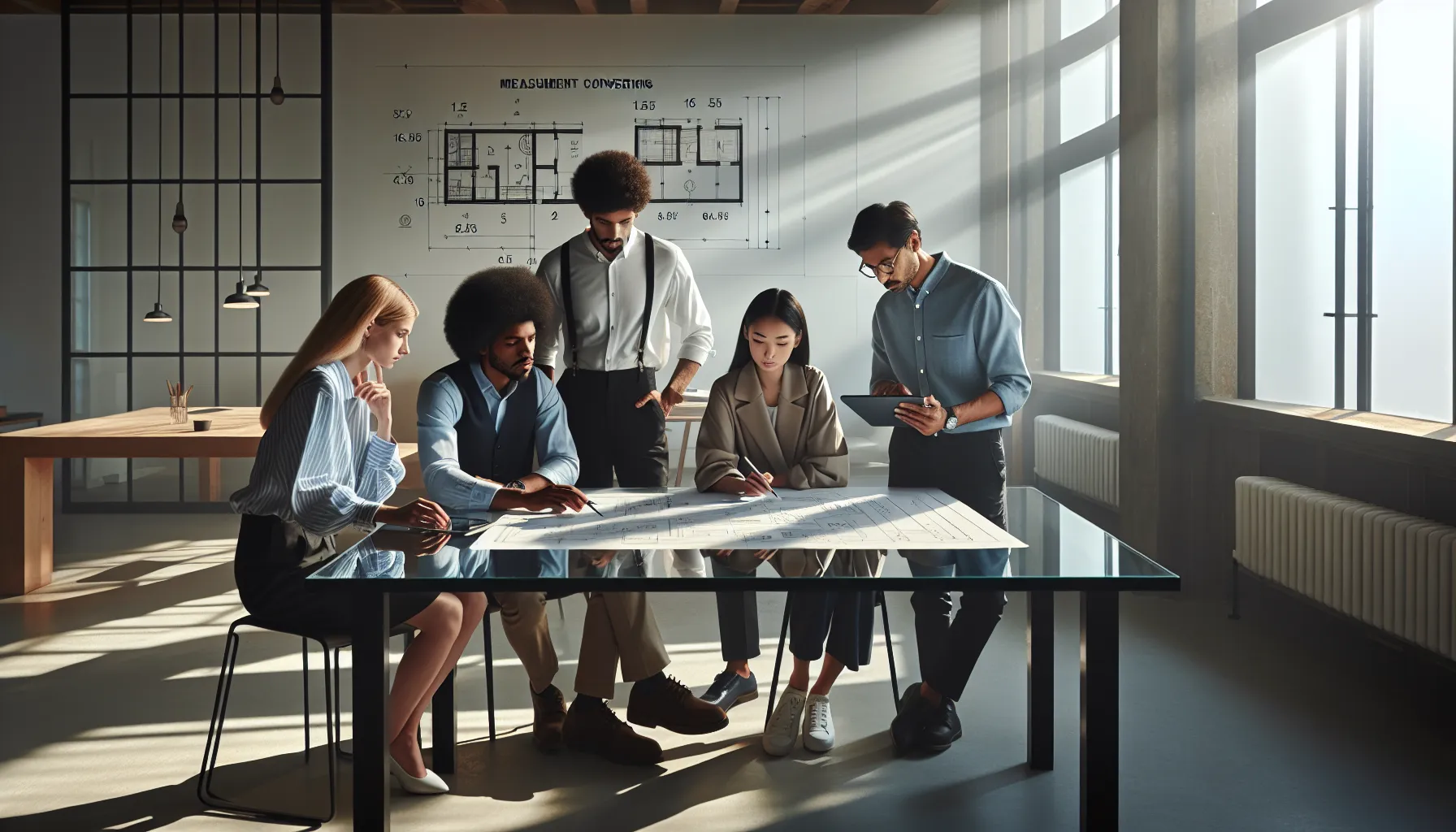diverse team discussing design drafts in a modern office setting.
