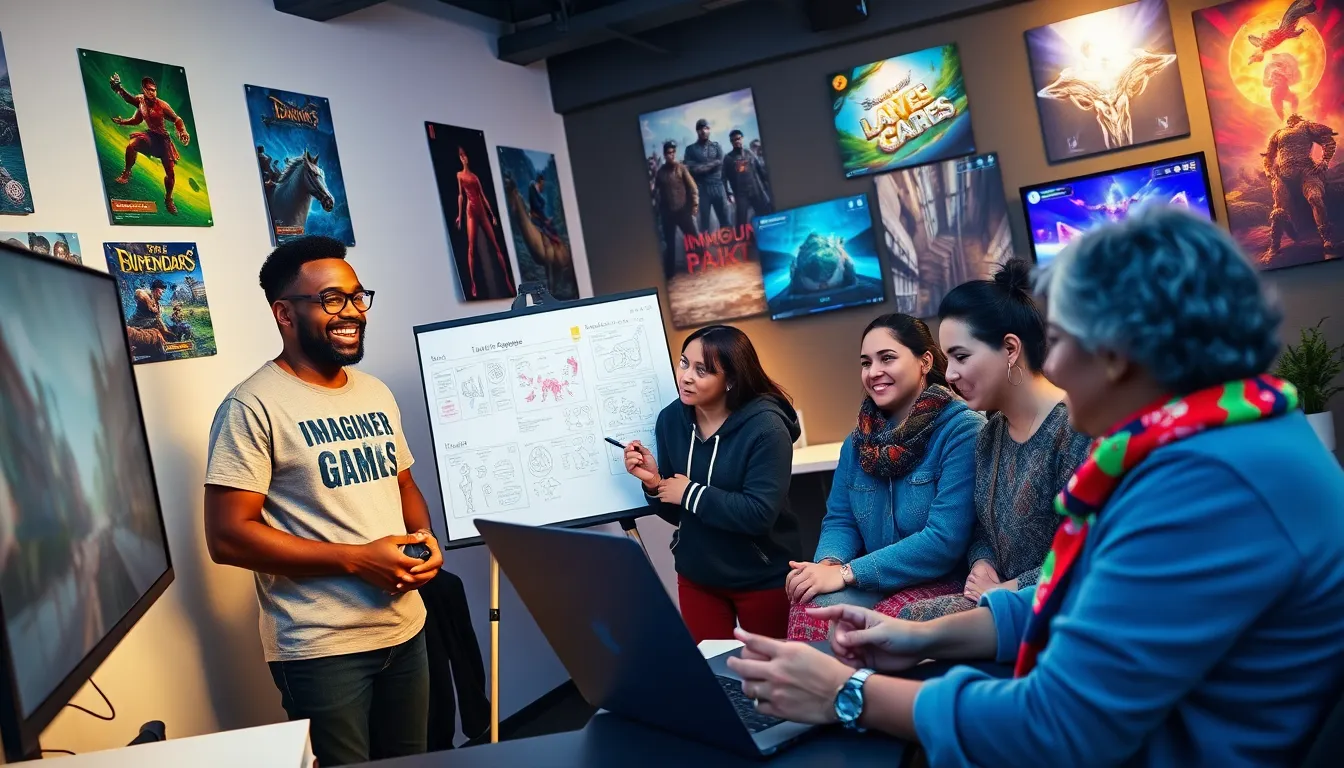a diverse game development team collaborating in a creative office space.