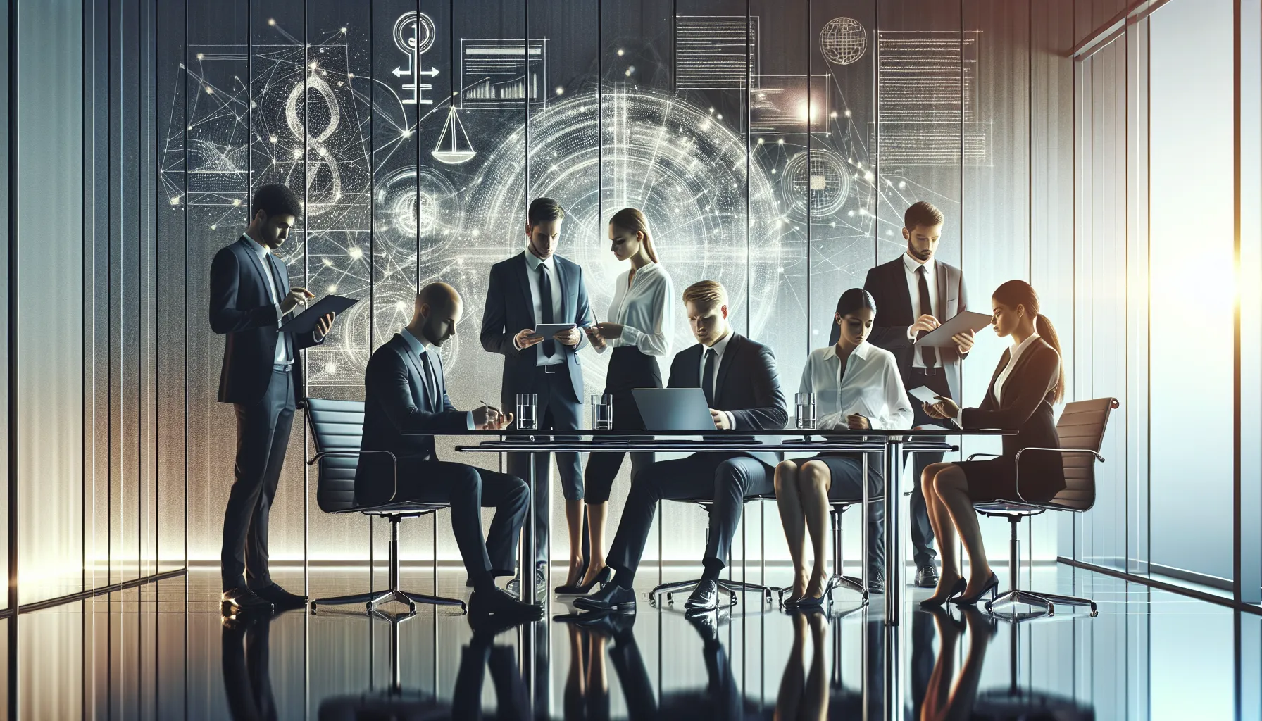 diverse team discussing legal and ethical considerations in a modern office.