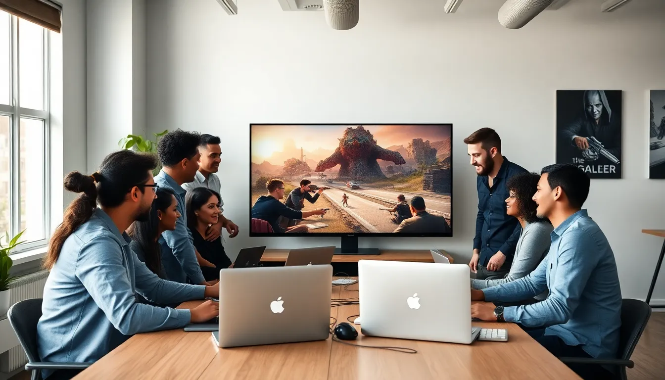 diverse team collaborating in a modern gaming office.