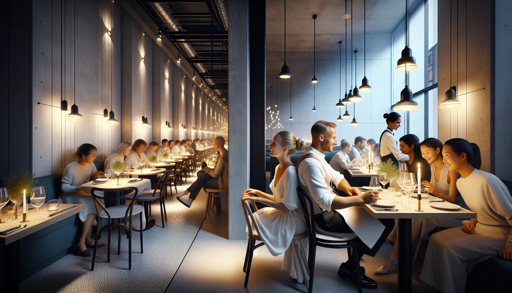 Elegant couple in quiet fine dining beside lively casual dining area.