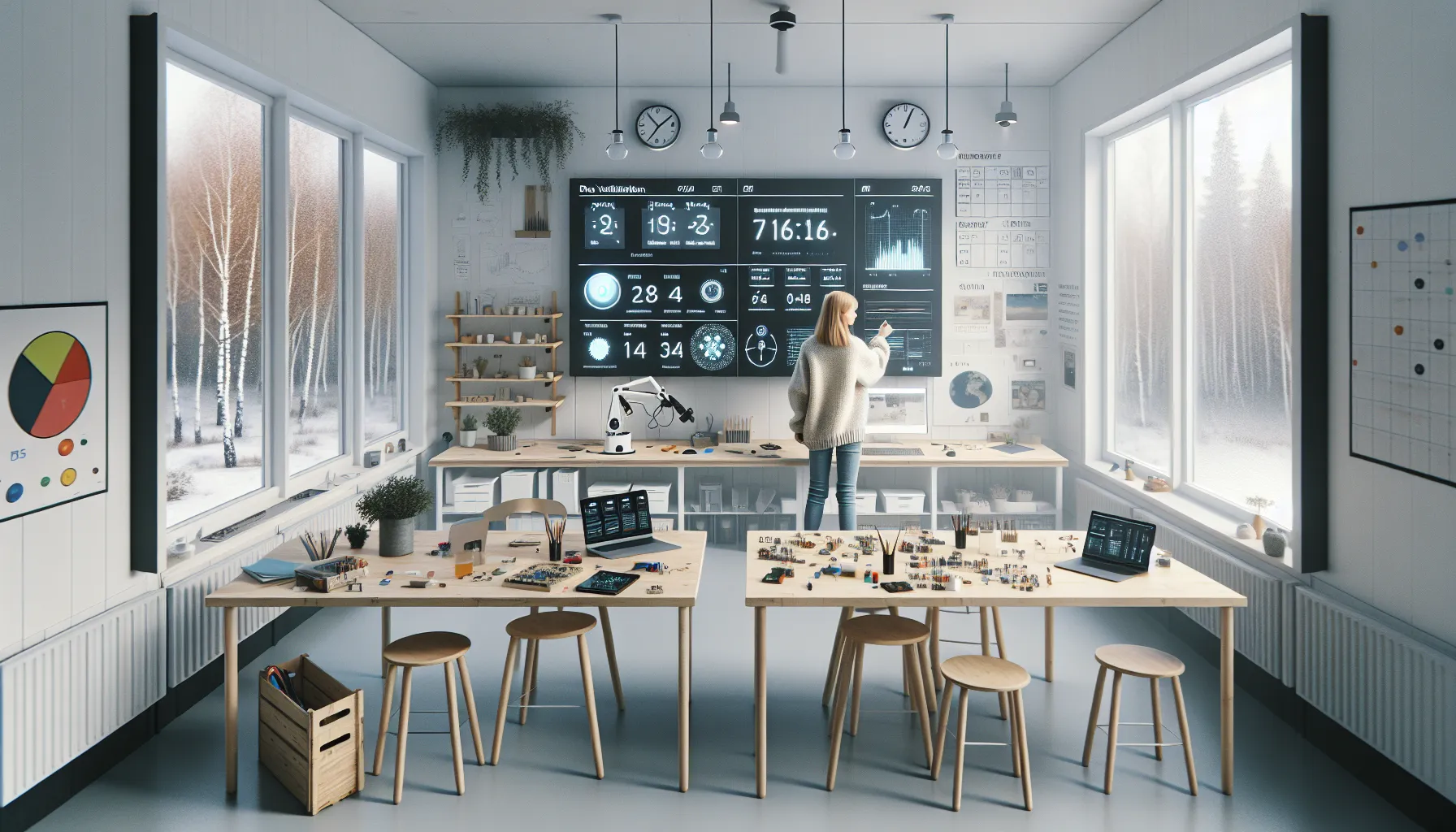 Norwegian students collaborate on authentic project with prototype, data visuals, and reflection board.