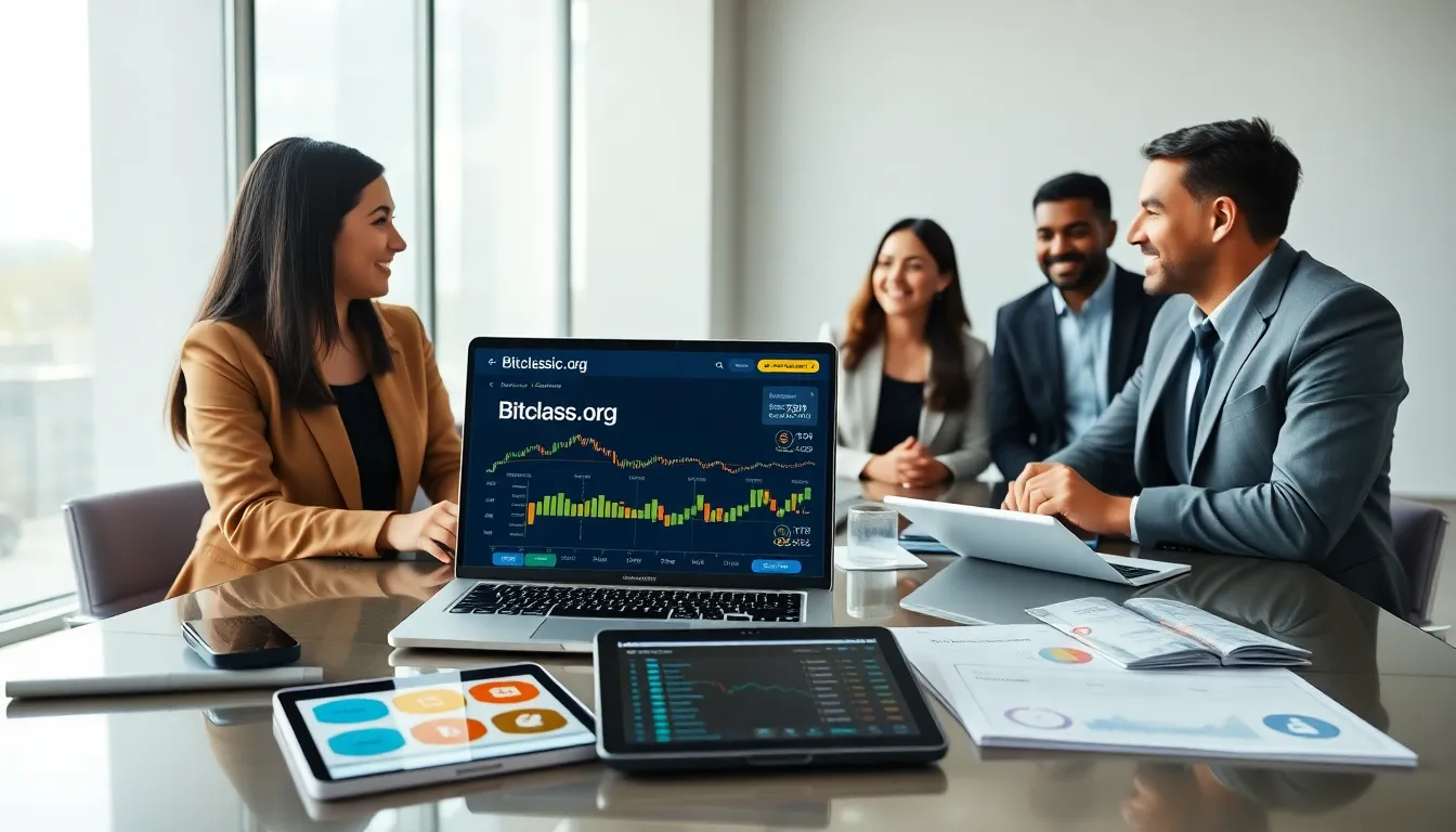 diverse professionals engaging around cryptocurrency trading platform.