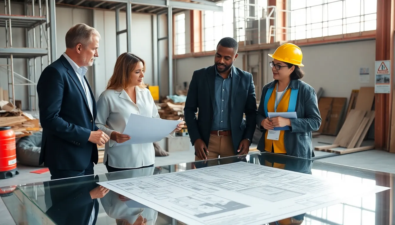 diverse team conducting a site walkthrough at a construction site.