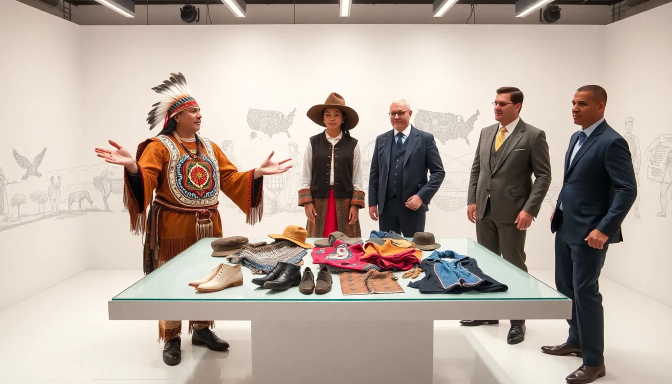 diverse individuals showcasing American cultural clothing in a modern setting.