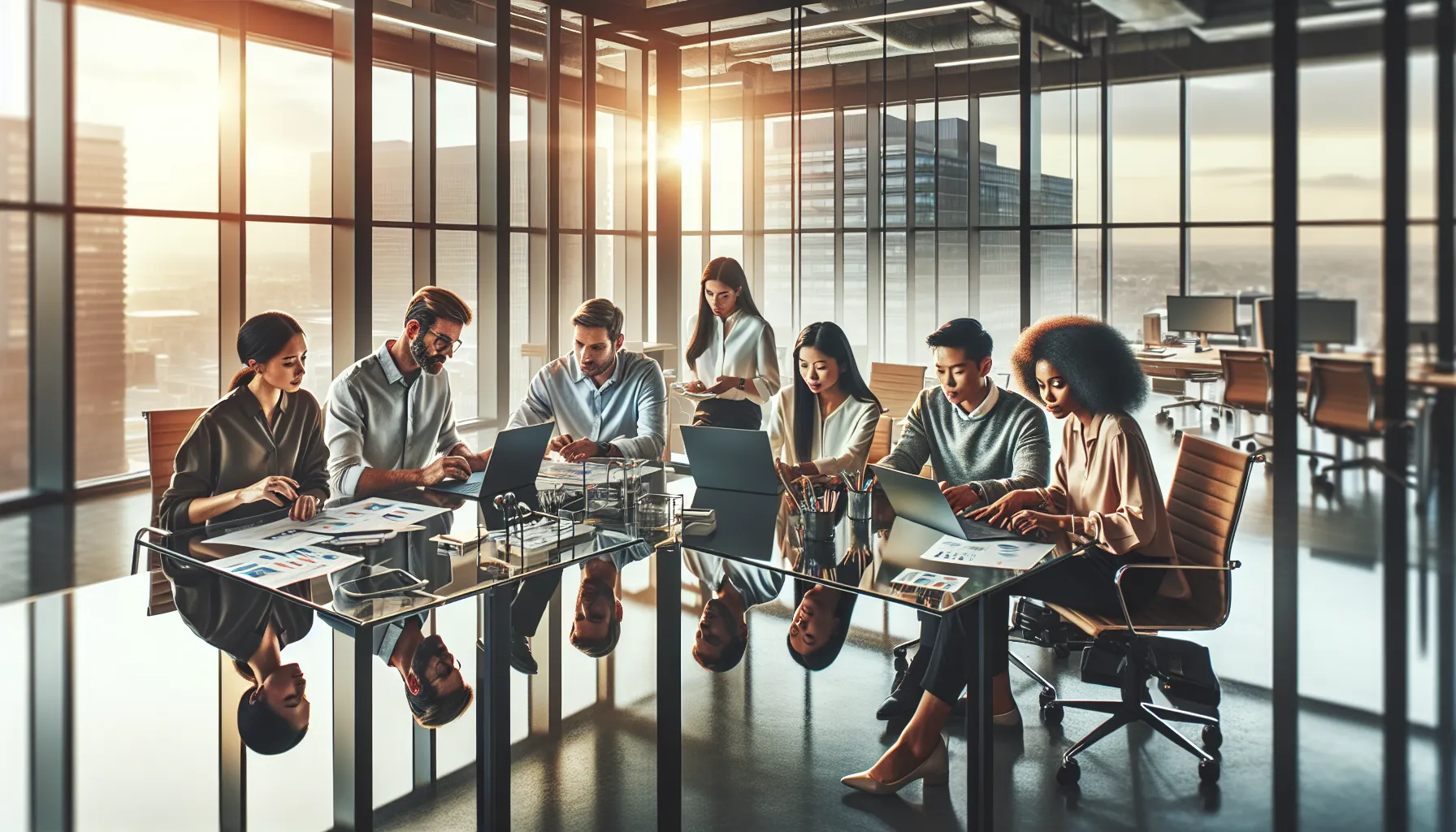 diverse team collaborating in a modern office on digital projects.