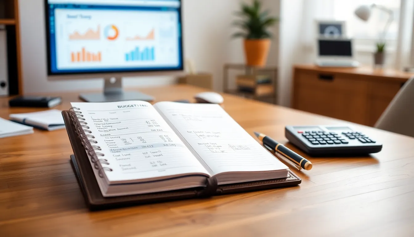 open budgeting journal on a modern desk with a pen and calculator.