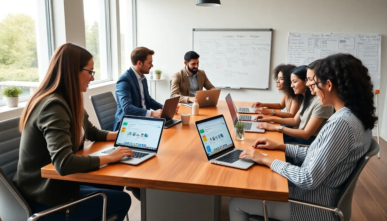 diverse freelancers collaborating with laptops in a modern office.