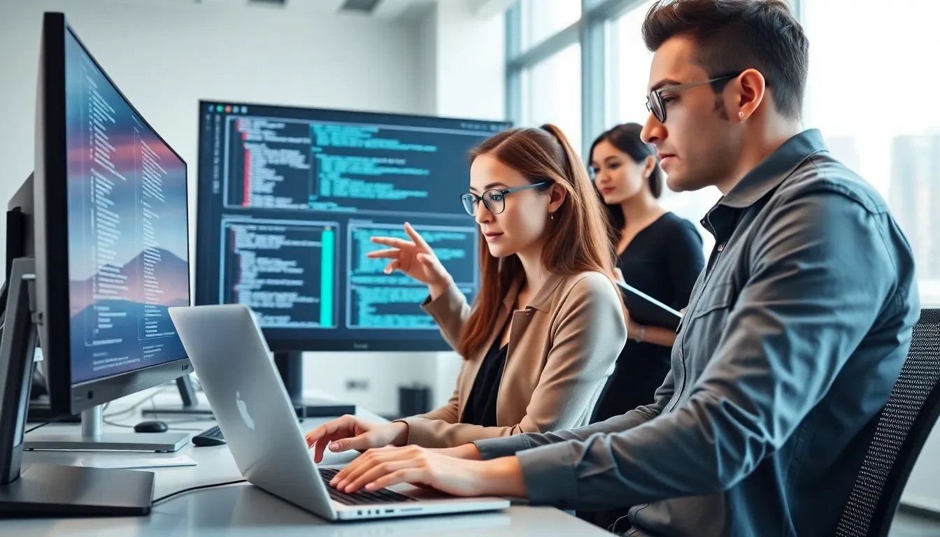 diverse tech professionals discussing data in a modern office.