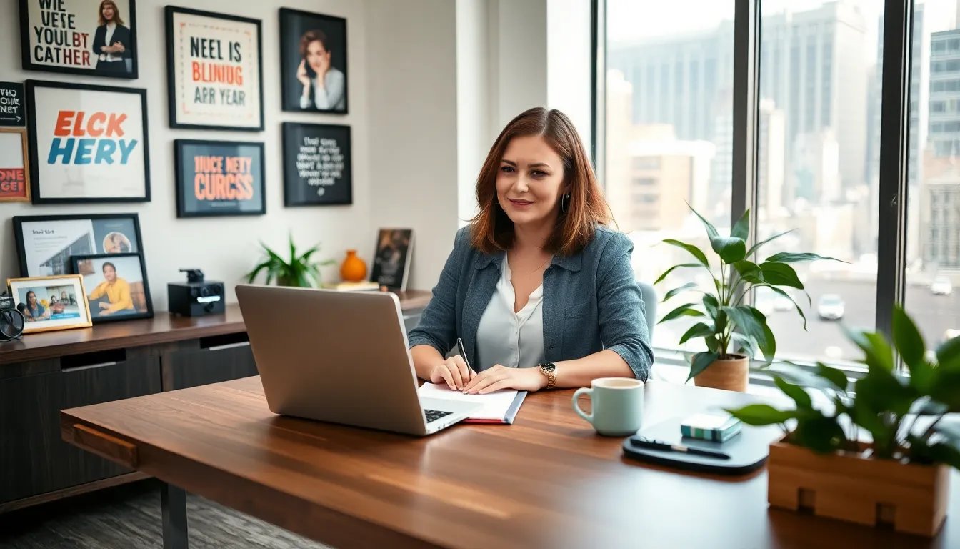 JenChapman77 working in a modern office space, reflecting her content creation journey.