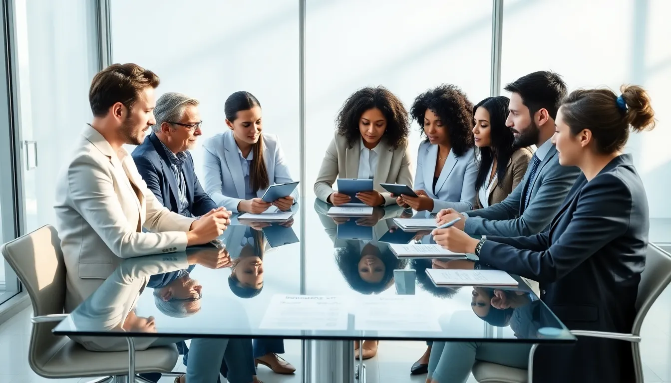 professionals discussing co-parenting strategies in a modern office.