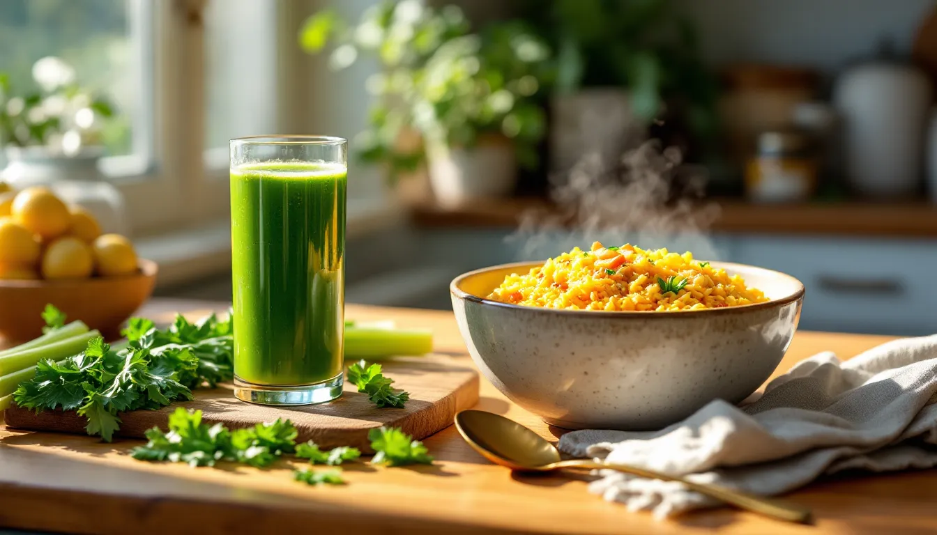 Cold green juice beside a warm steaming bowl of kitchari on a kitchen counter.