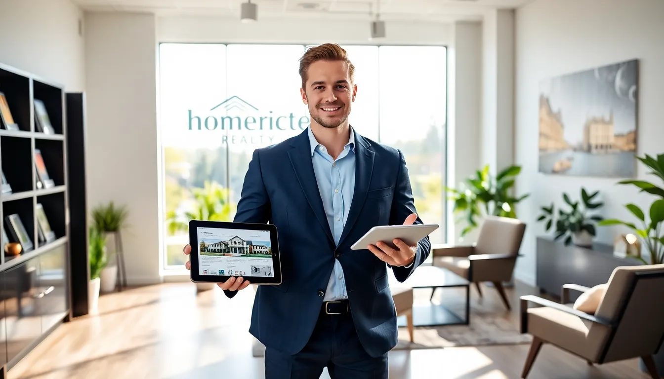 A smiling realtor in a modern office showing property listings on a tablet.