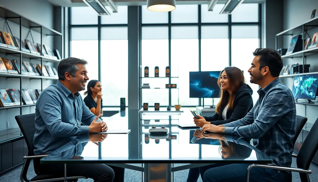 diverse gaming journalists discussing at a sleek office conference table.