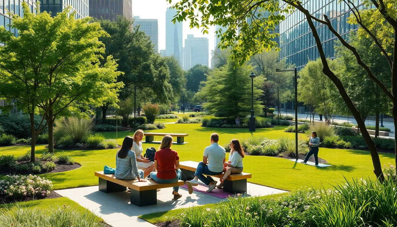 urban park with people enjoying nature in a city setting.