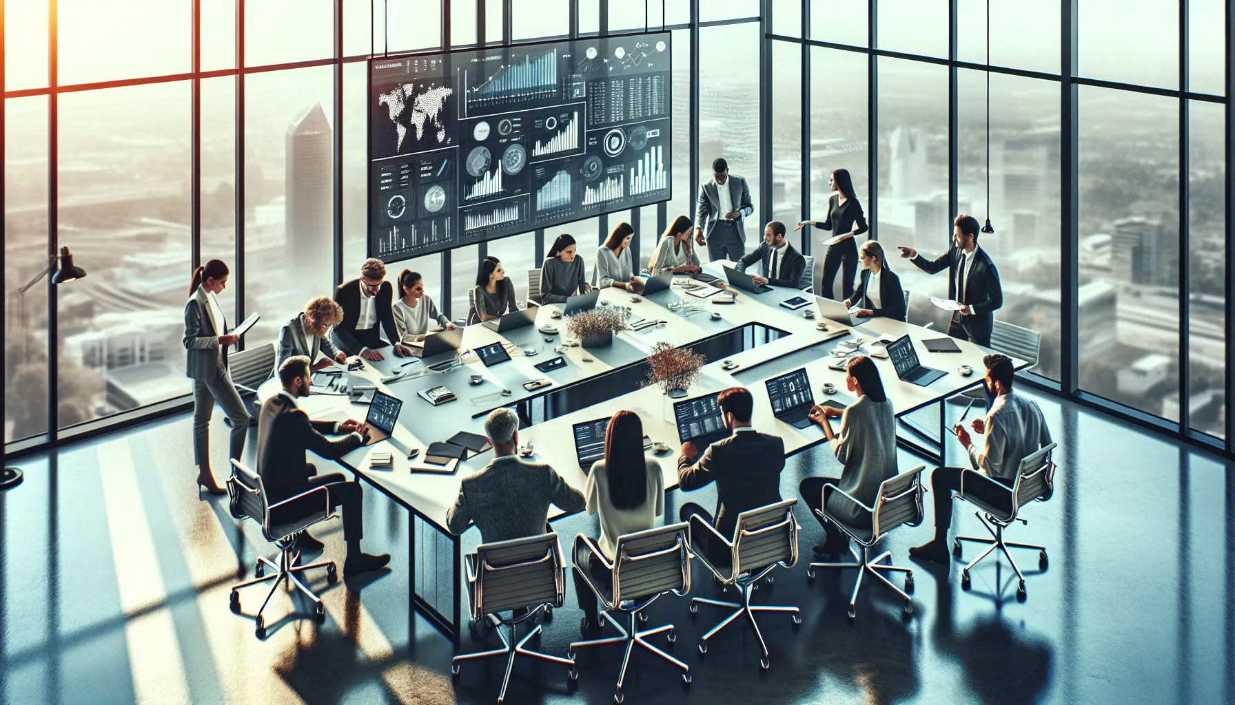 equipe diversificada colaborando em um ambiente de escritório moderno.