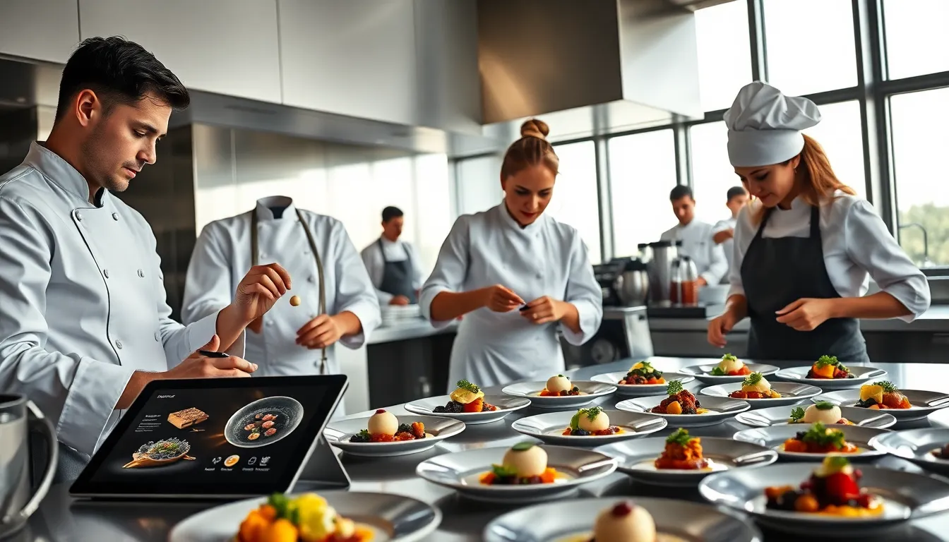 diverse chefs experimenting with innovative food science techniques in a modern kitchen.