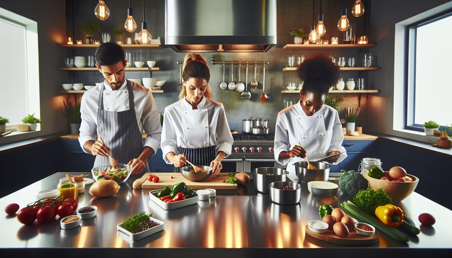 diverse chefs preparing dishes in a modern kitchen.