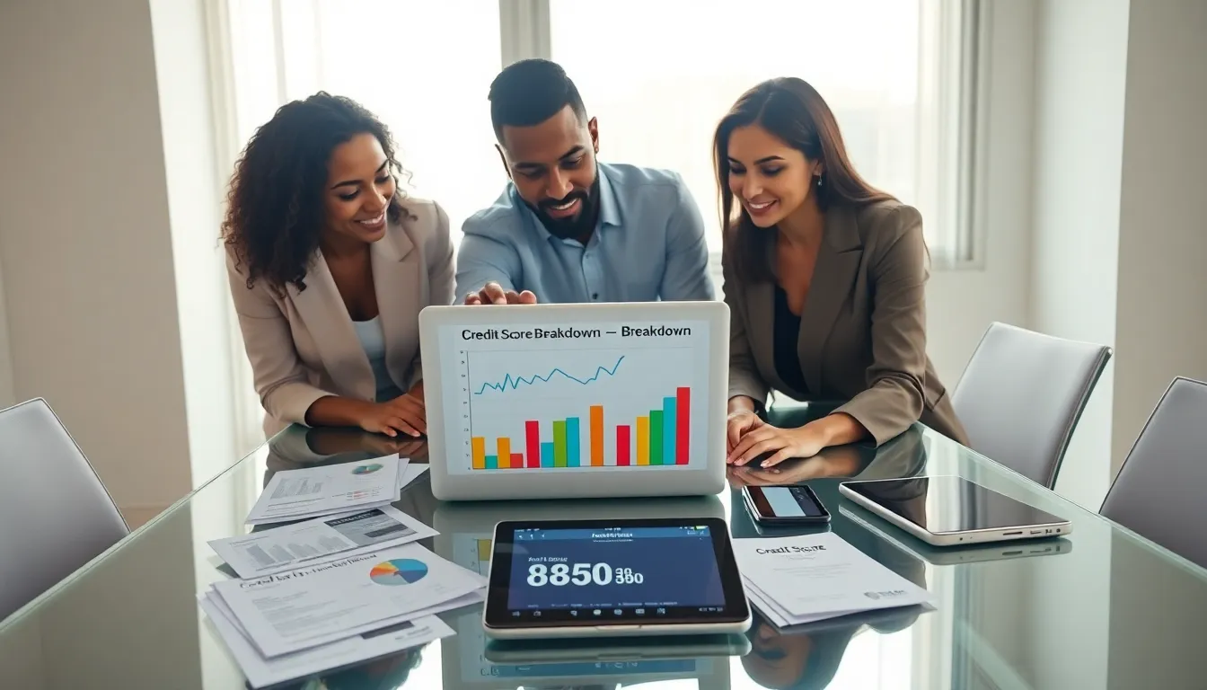 diverse team discussing credit scores in a modern office.