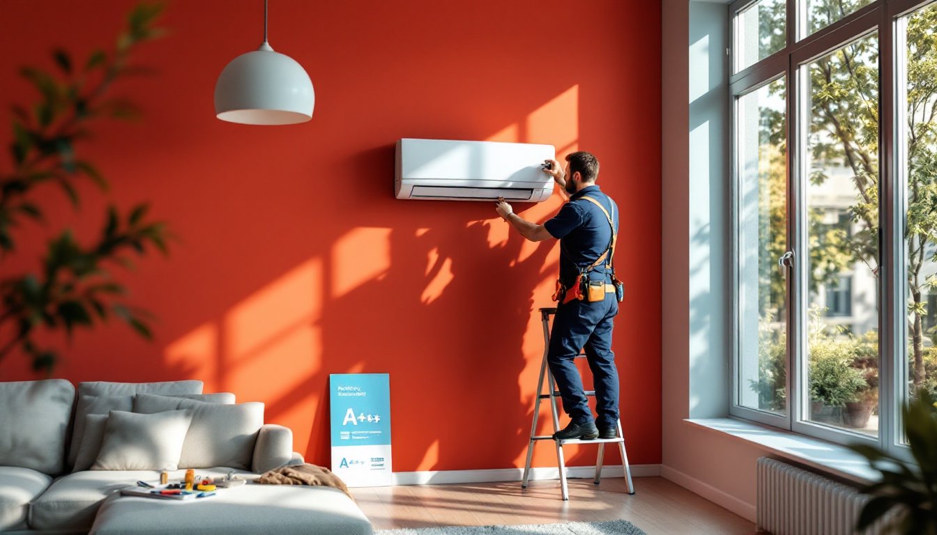A technician installing a split air conditioning unit on a red wall in a modern German apartment.