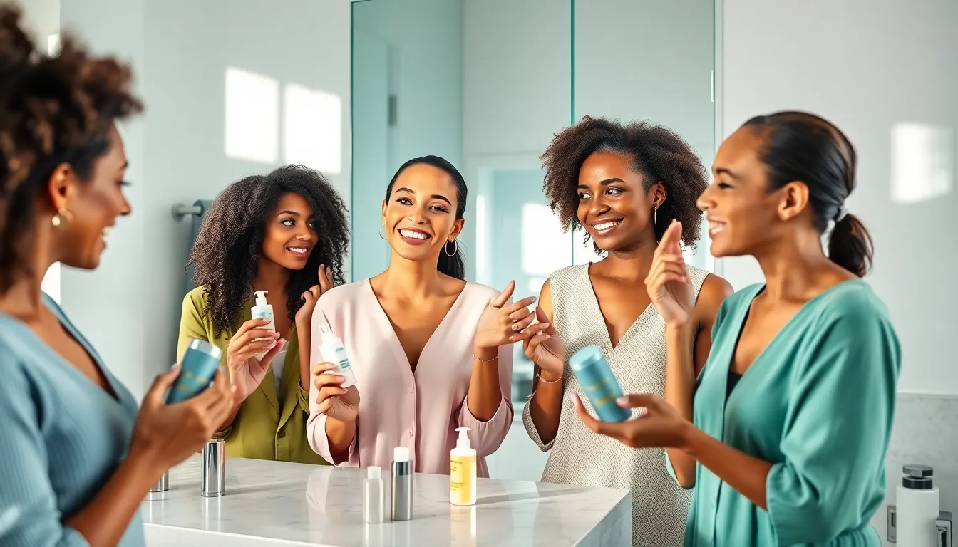 diverse women sharing skincare tips in a modern bathroom.