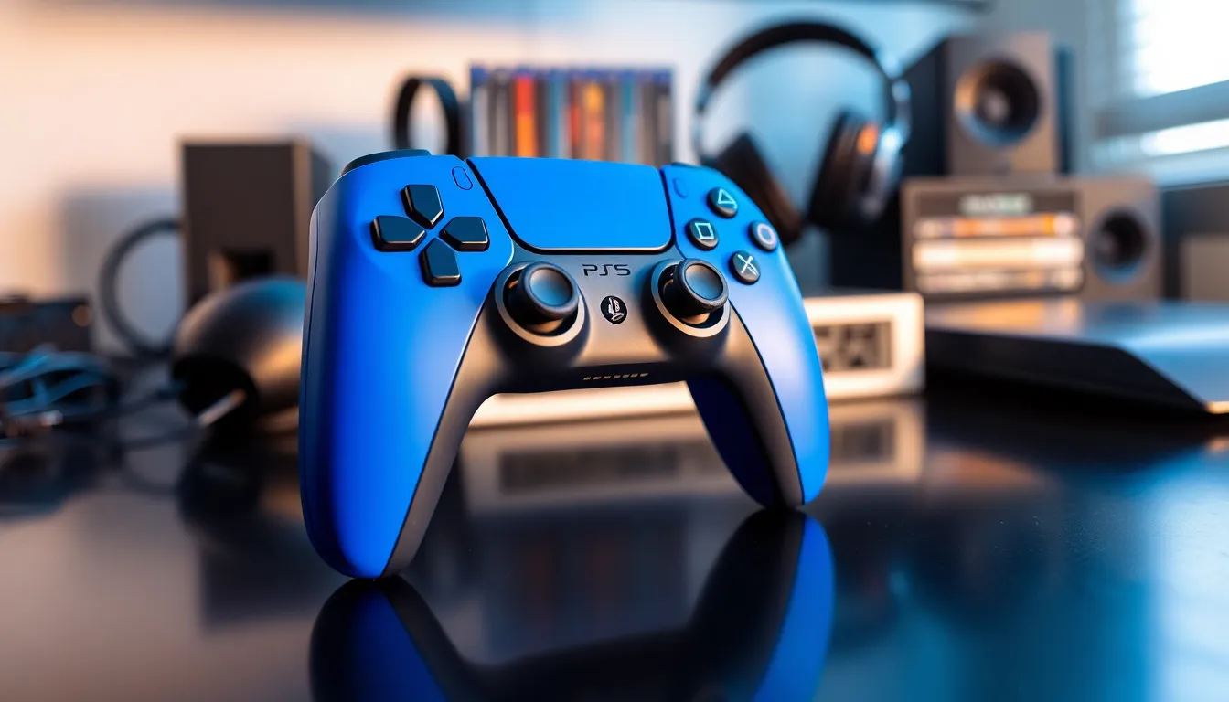 blue PlayStation 5 controller in a modern gaming setup.