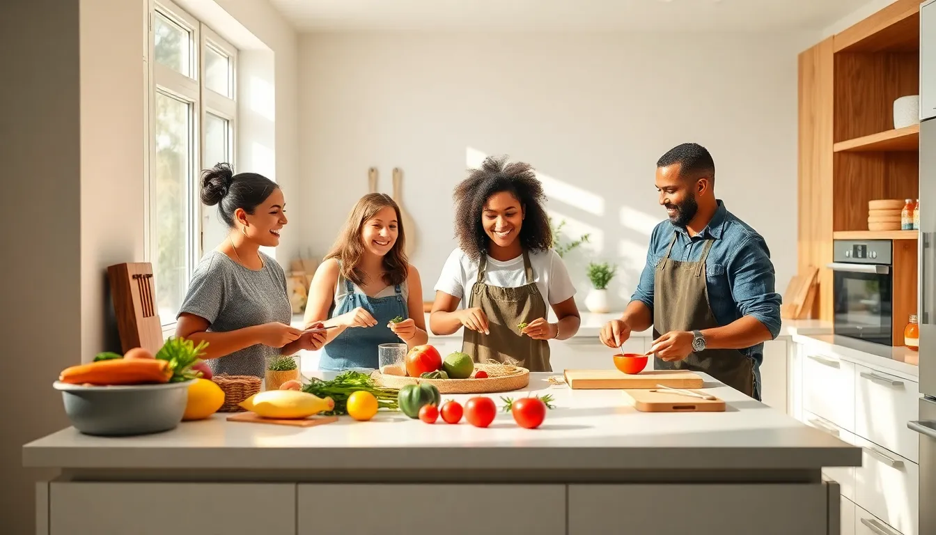 diverse group cooking together in a modern, inviting kitchen.