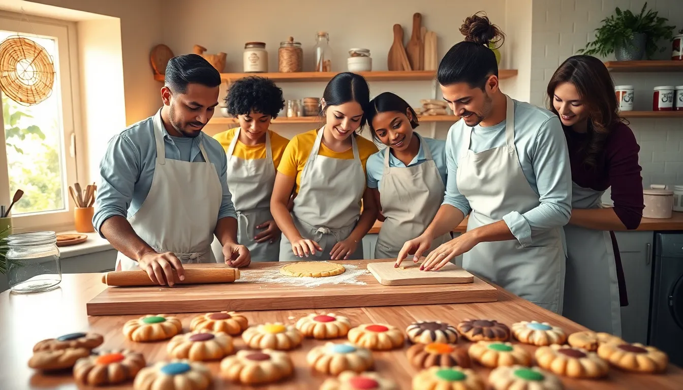 bakers preparing fresh cookies in a cozy kitchen setting.
