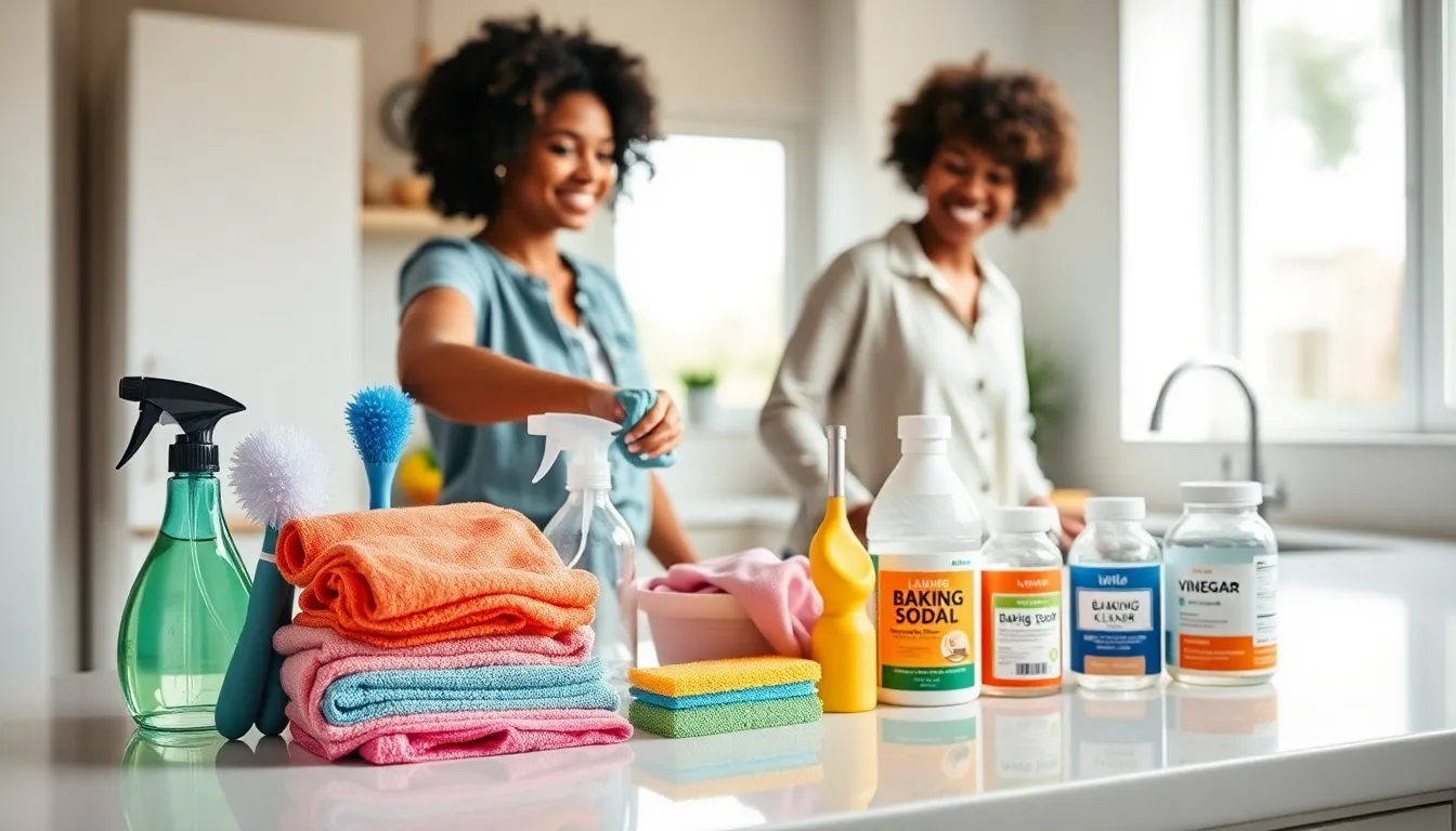 cleaning tools arranged in a modern kitchen setting.